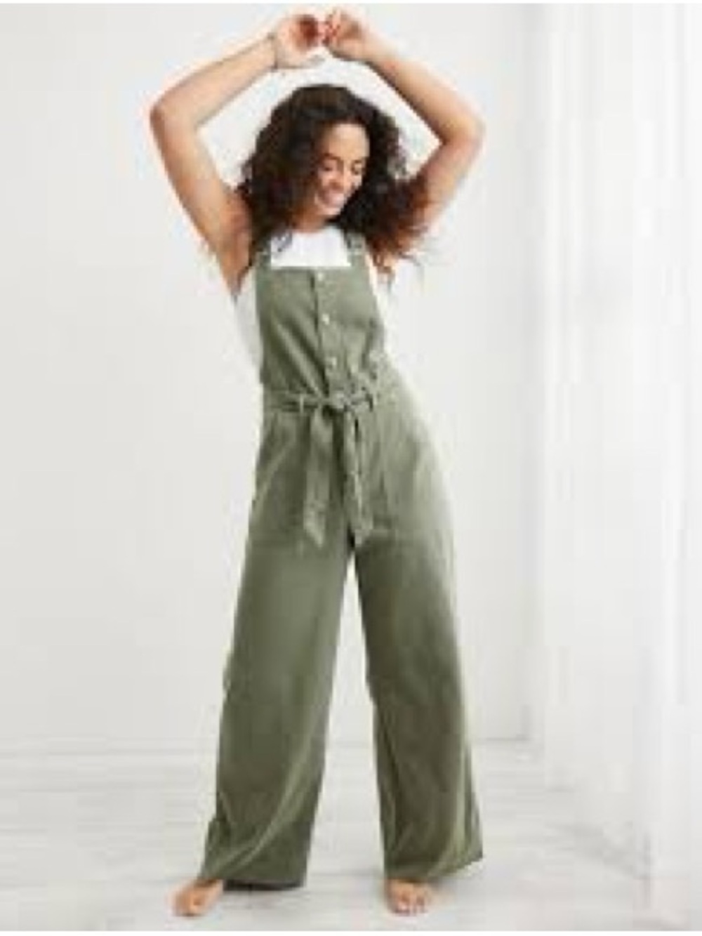 Aerie Olive Green Relaxed Wide Leg Raw Hem Overalls